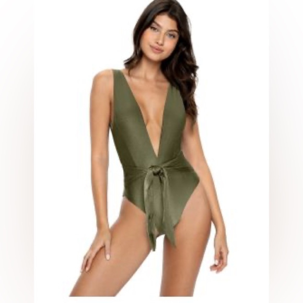 PQ Swim Olive Green Deep V One-Piece Swimsuit with Waist Tie